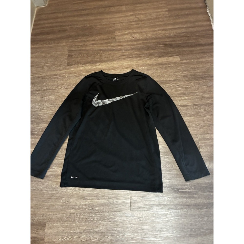 Long Sleeve Black With Camo Swoosh Nike Shirt Youth Large